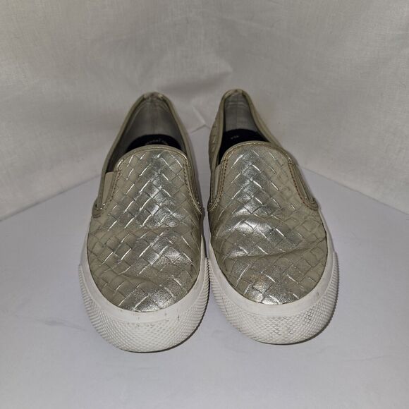 Sperry Seaside Emboss Weave Gold Leather Slip On Deck Boat Loafers Size 7.5 - Picture 2 of 7
